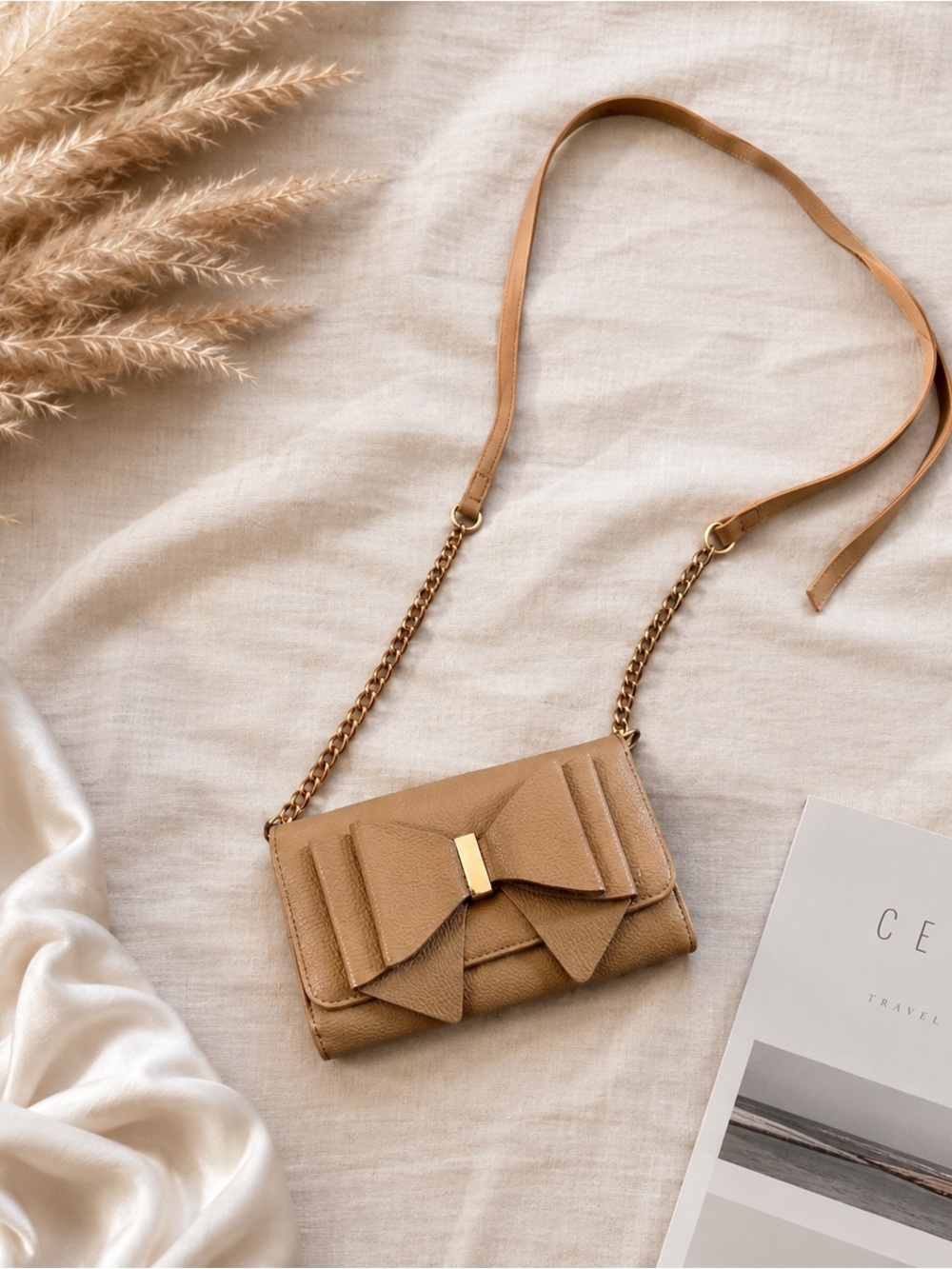 Like Dreams Tan Bow Crossbody Bag